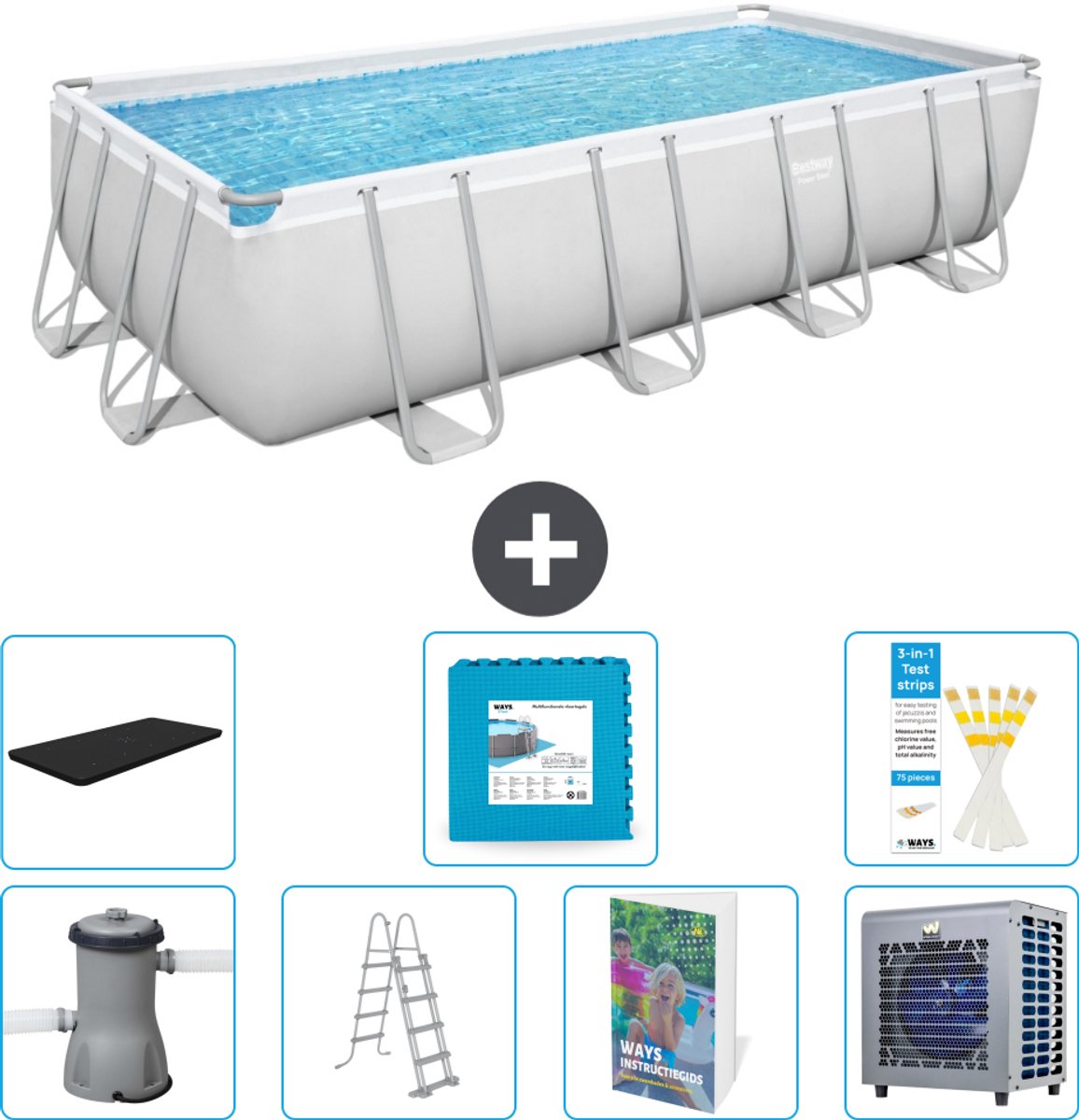 Bestway Rechthoekig Power Steel Zwembad - 488 x 244 x 122 - Grijs Inclusief Pomp - Ladder - Afdekzeil - Vloertegels - Warmtepomp - 8-delig