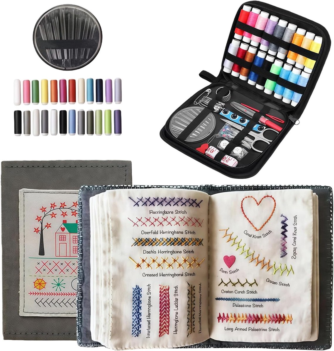 Stitch Book, borduurboek voor beginners en borduurliefhebbers met 86 steken, doe-het-zelf steekboeksets, draagbaar borduurboek, naaiboek