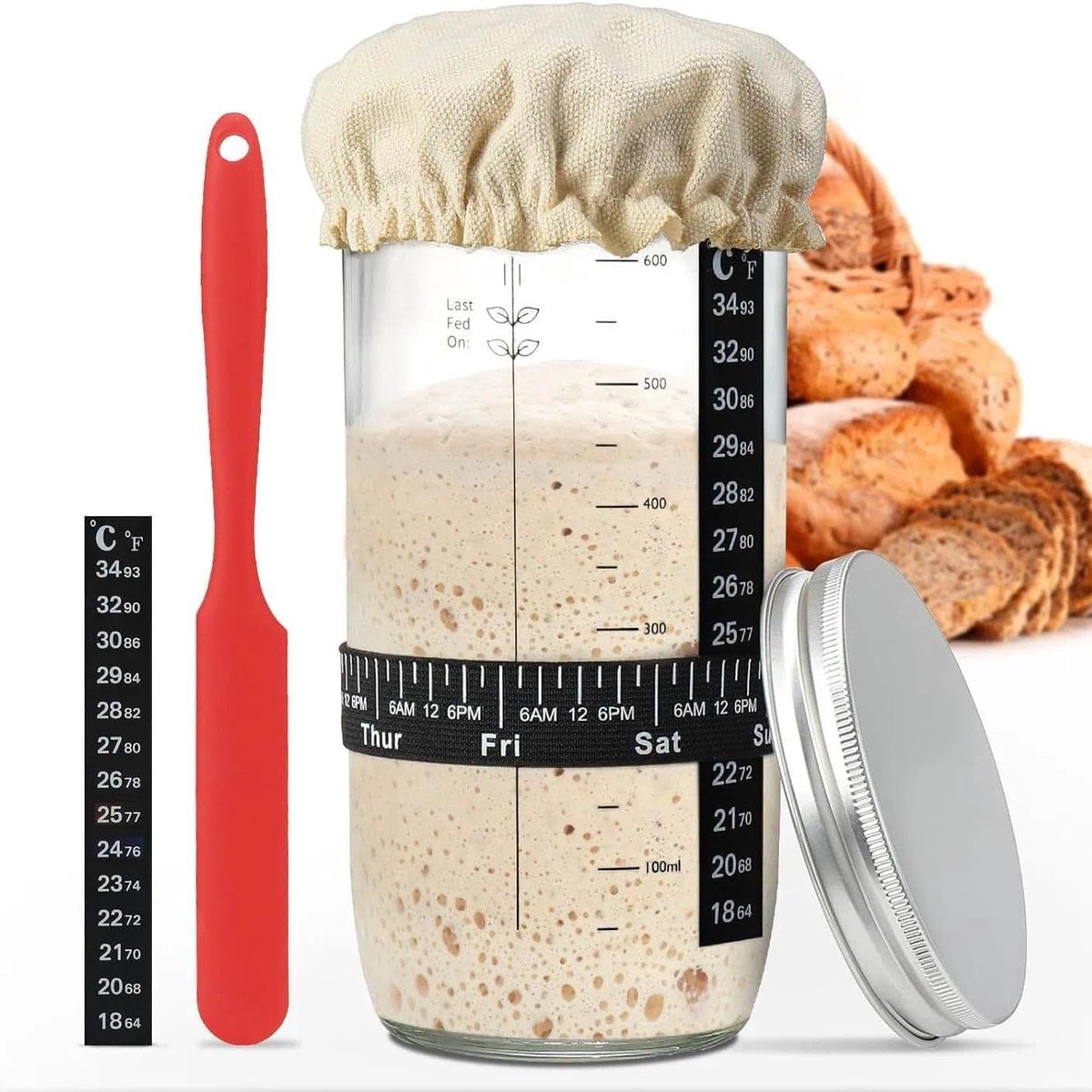 starterset, 730 ml zuurdeegpot, glazen zuurdeegstarterset, bakcontainer, vulring, datummarkering, thermometer, siliconen spatel, stoffen afdekking en metalen deksel, voor het bakken van brood
