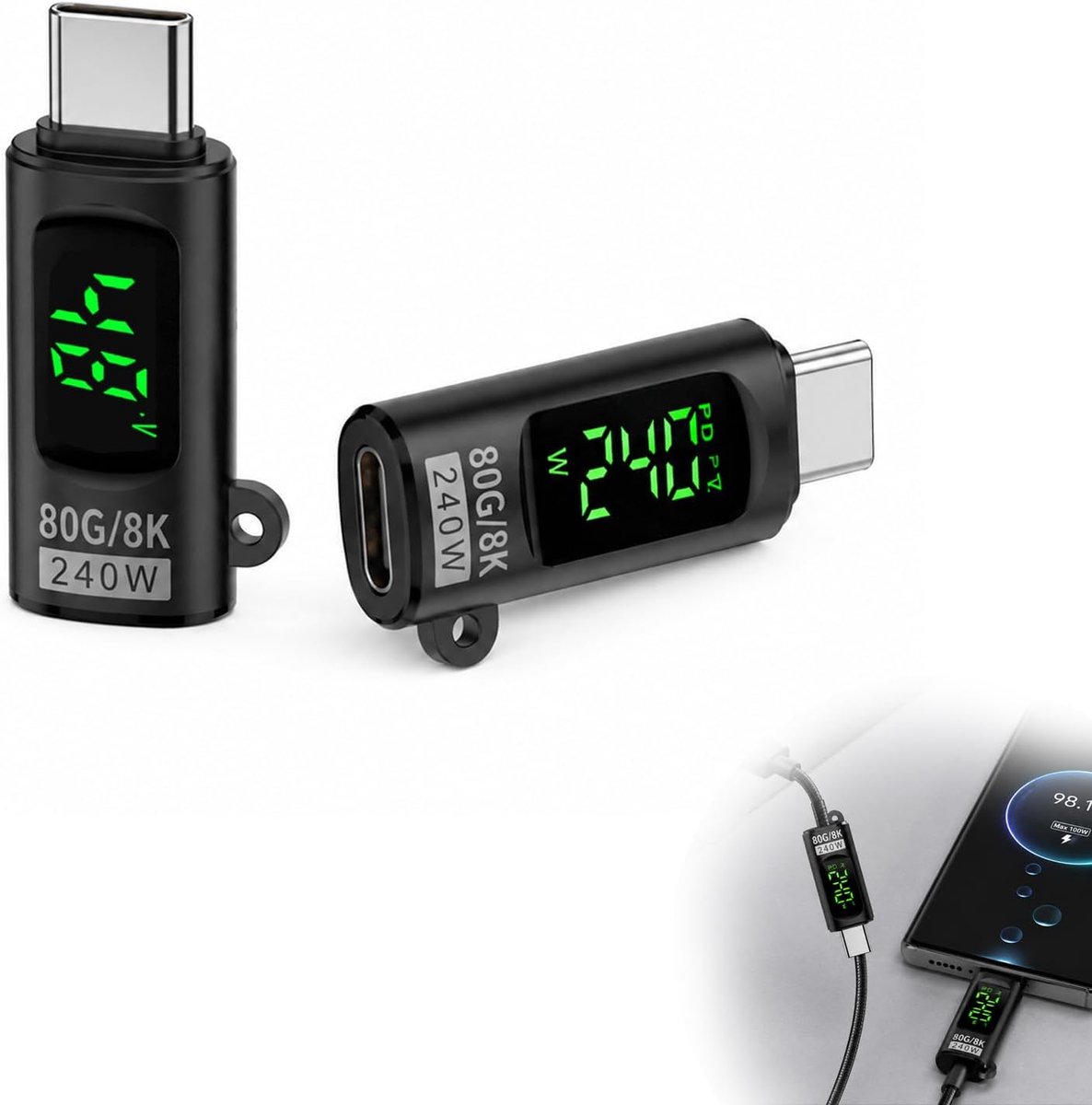 2 stuks 240 W USB C-adapter, 80 Gbps met led-display, USBC naar USBC-adapter, USB C-tester, 8K @60Hz, voor telefoon, laptop, tablet, intelligente apparaten