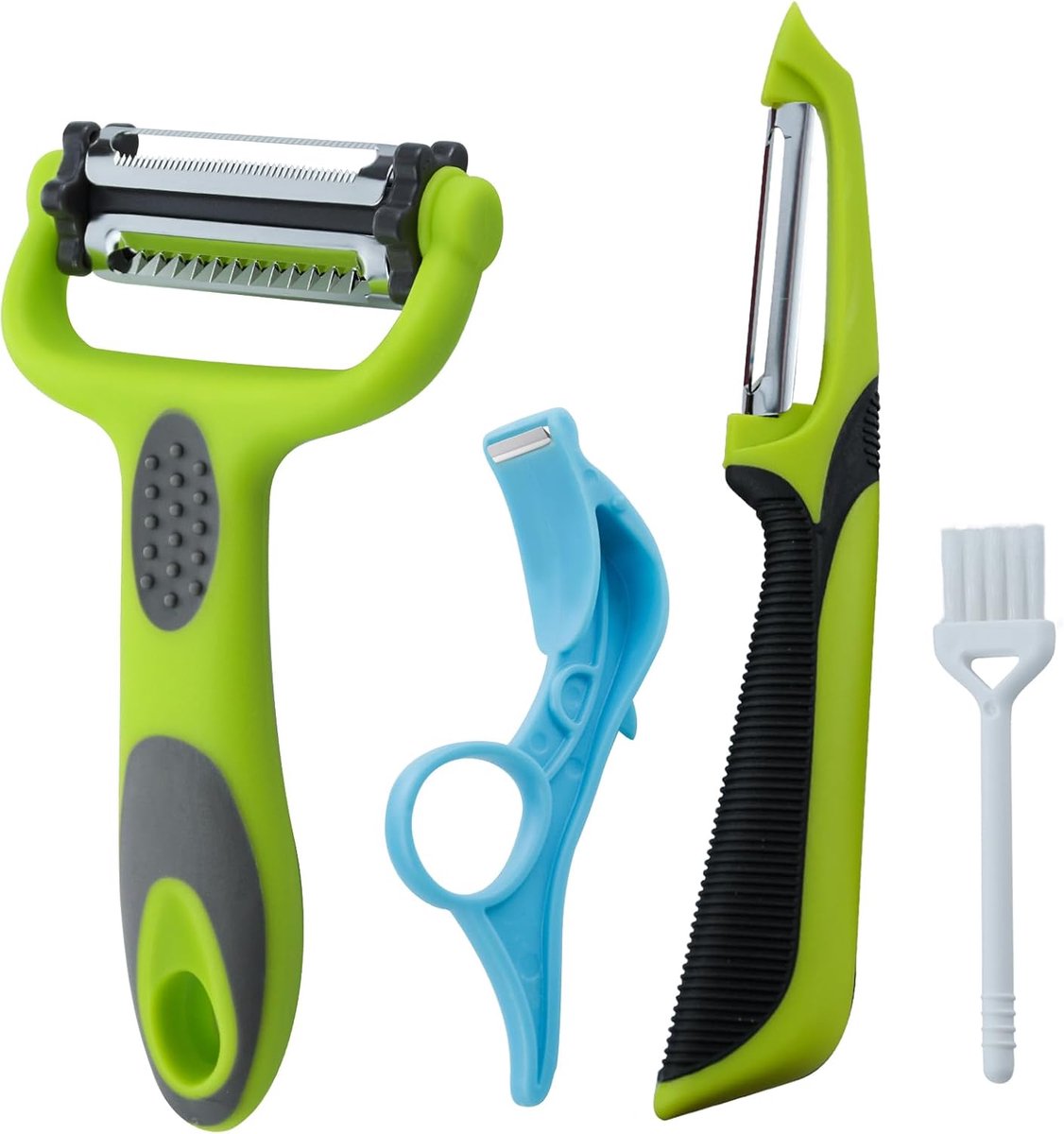 4-delige keukenschilmesset: multifunctioneel schilmes, julienne-snijder, fruitschilmes en reinigingsborstel. Ideaal voor het schillen van aardappelen, wortelen, groenten en fruit.