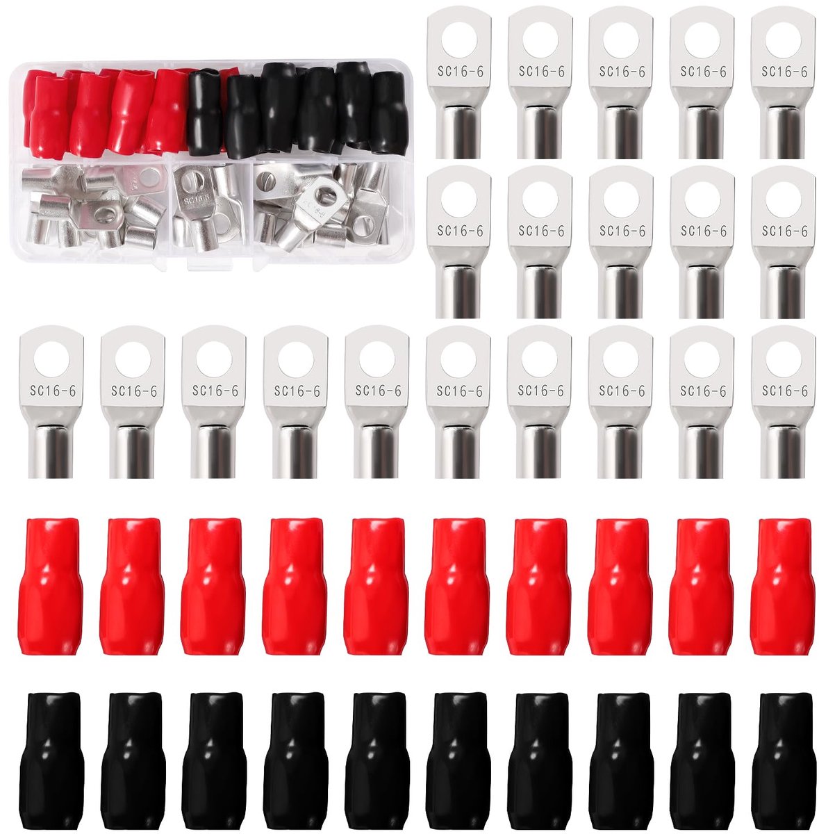 40 Stuks M6 SC16-6 AWG6 Ringklemmen Set, Buisvormige Batterijkabeluiteinden, Batterij Kabel Eind Terminals, met Isolatie Mouwen, voor Elektrische Kabel, Zilver