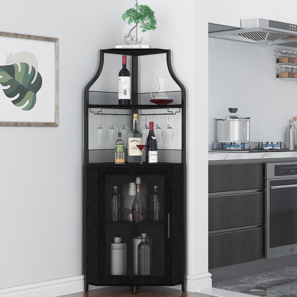 Hoekbar Wijnkast Industrieel - 5 Niveaus Drankenkast met Glashouder & Gaasdeur - Compacte Barkast voor Kleine Ruimtes - 154 cm Hoog - Zwart