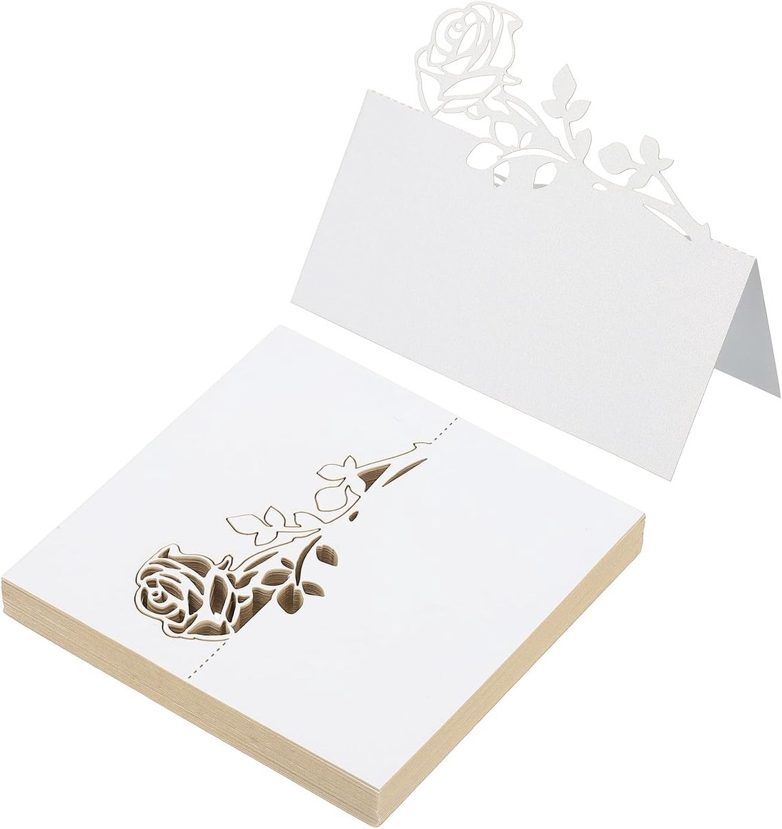 50 stuks bruiloft plaats kaarten, laser gesneden roos tafel plaats kaart gevouwen tent kaart naam kaarten voor tafel bruiloft setting buffet receptie, wit