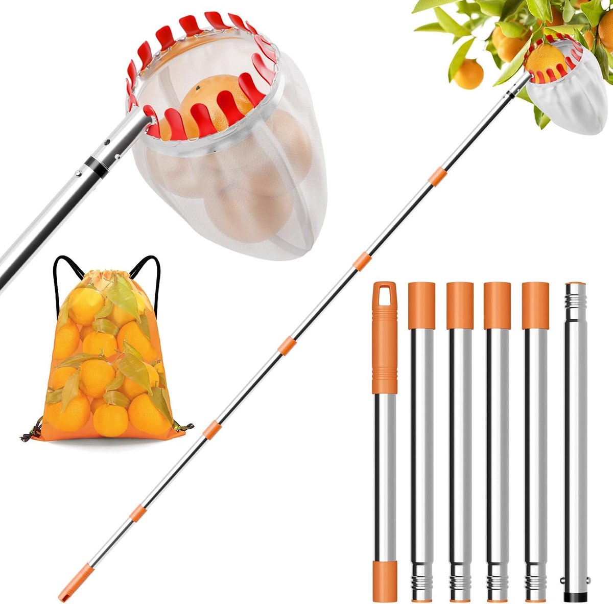 Fruitplukker met telescoopsteel van 1,9 m, appelplukker met katoenen zak, diameter 16 cm, roestvrij staal
