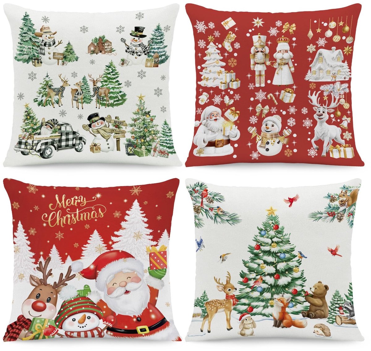 Omgoods - Set van 4 Kerst Sierkussenslopen met Diverse Dierlijke Ontwerpen
