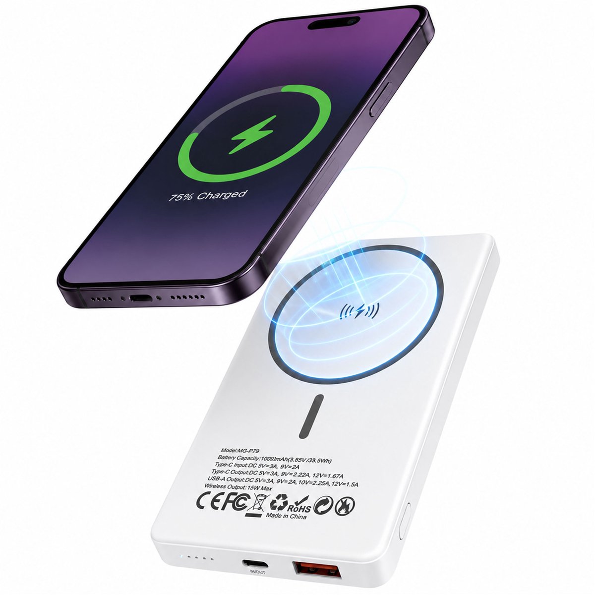 Powerbank Draadloos Oplader Snellader 10000 mAh - Powerbank met USB, USB C & Micro USB