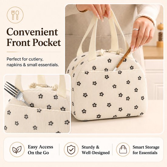 Rainbecom - Koeltas - Koeltassen 6.5 L - Lunchtas Dames en Kinderen - Geïsoleerde Lunch Bag met Voorvak - Corduroy - Beige met Bloemen van Rainbecom — afbeelding 5