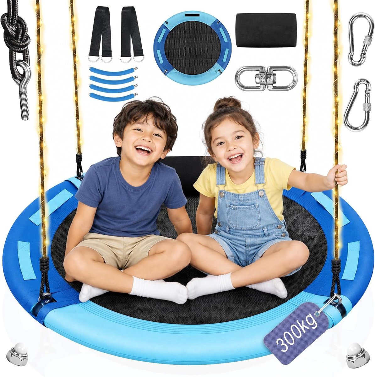 Outdoor 100 cm, kinderschommel tot 300 kg belastbaar, schotelschommel tuin met lichterketting, 360° draaibaar, 4 greepsteunen en montageset voor kinderen en volwassenen (Blauw)