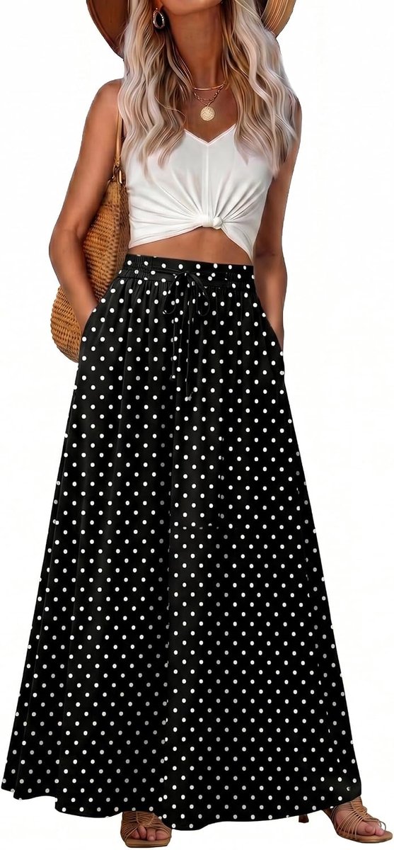 Zomerrok voor dames, lange boho-rok, A-lijn, zomerrok, elegante maxi-rok, strandjurk, lang, vloeiende rok met zak, licht en luchtig