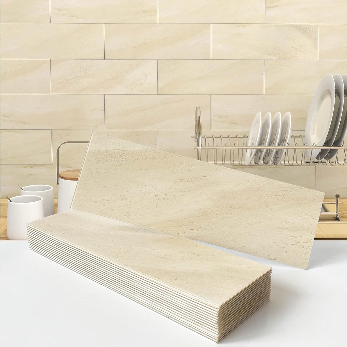 Zelfklevende tegels, plaktegels, 3D, mat, keuken, spatwand, badkamer, douche, wandpanelen, waterdicht, marmereffect, groot, hittebestendig (Beige, 16 tegels)