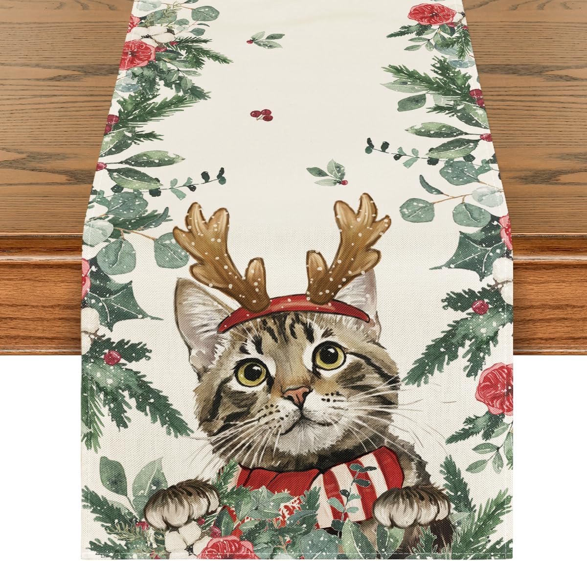 Mode Holly Tafelloper - eucalyptus - Kerstmis - seizoensgebonden - winter - keuken - woondecoratie - vakantie - feest - 40 x 100 cm