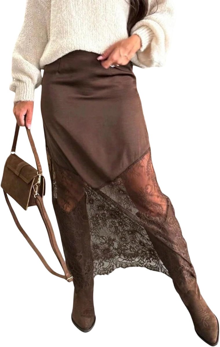 HUX Damesrok, lang, elegant, kanten rok, kantoor, zomer, casual rok, lichte partyrok, dansrok met kant, festival, outfits, vrijetijdsrok
