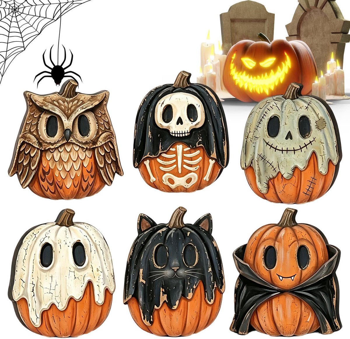 Halloween Decor Tafeldecoratie - 6 Stuks - Halloween Decoration - 15x15cm -Dubbelzijdige Pompoen Figuren Houten Herfstdecoratie Voor Tafel Kast Plank Haarddecoratie - Herfst Feestdecoratie