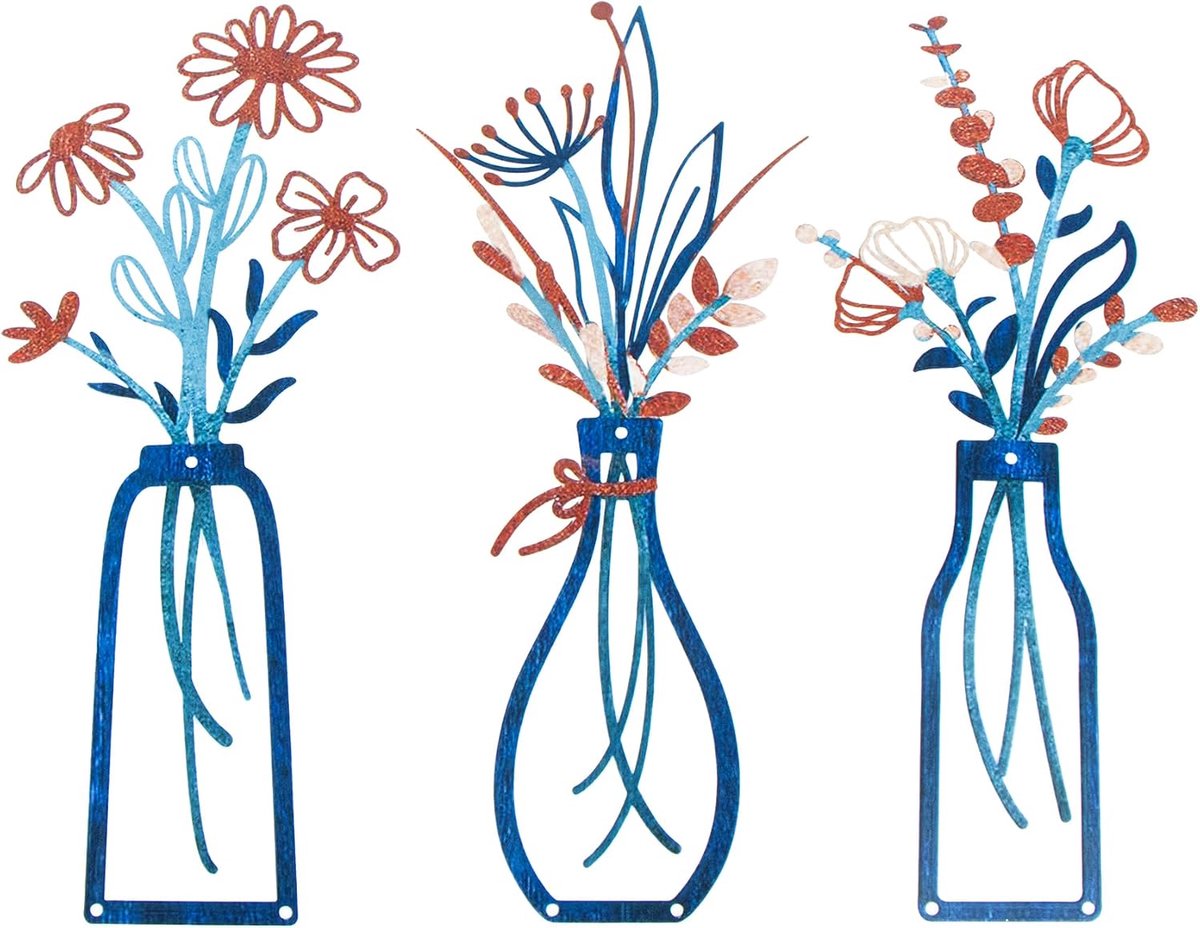 wandversiering, 3-delig, wanddecoratie van metaal, bloemenpatroon en vazen, decoratie voor woonkamer, slaapkamer, entree, kleurrijk