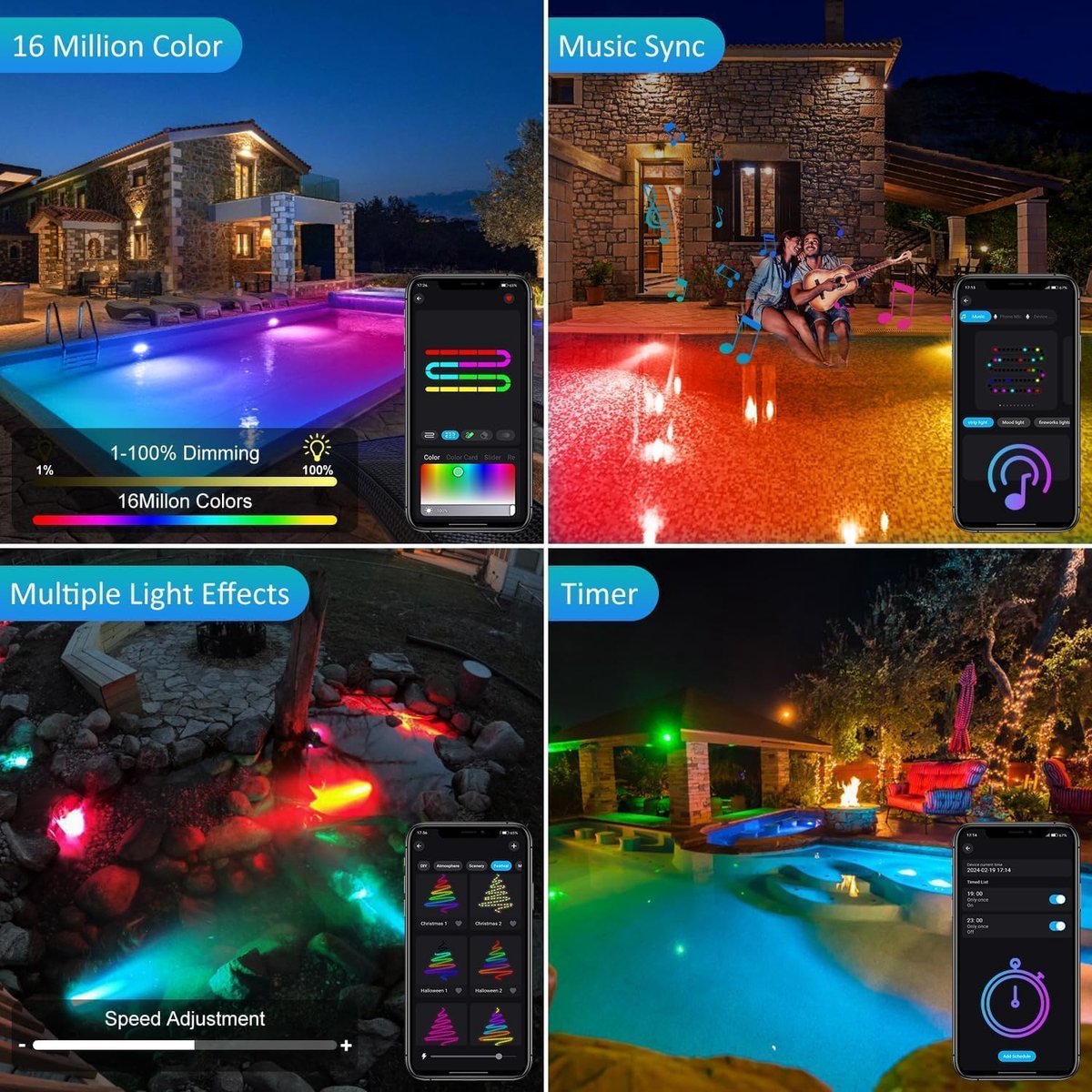 Vijverlicht, waterdicht, netvoeding, app en afstandsbediening, tijdmeting, 16 miljoen kleuren, voor aquarium, tuin, terras, zwembad, fontein (5-in-1)