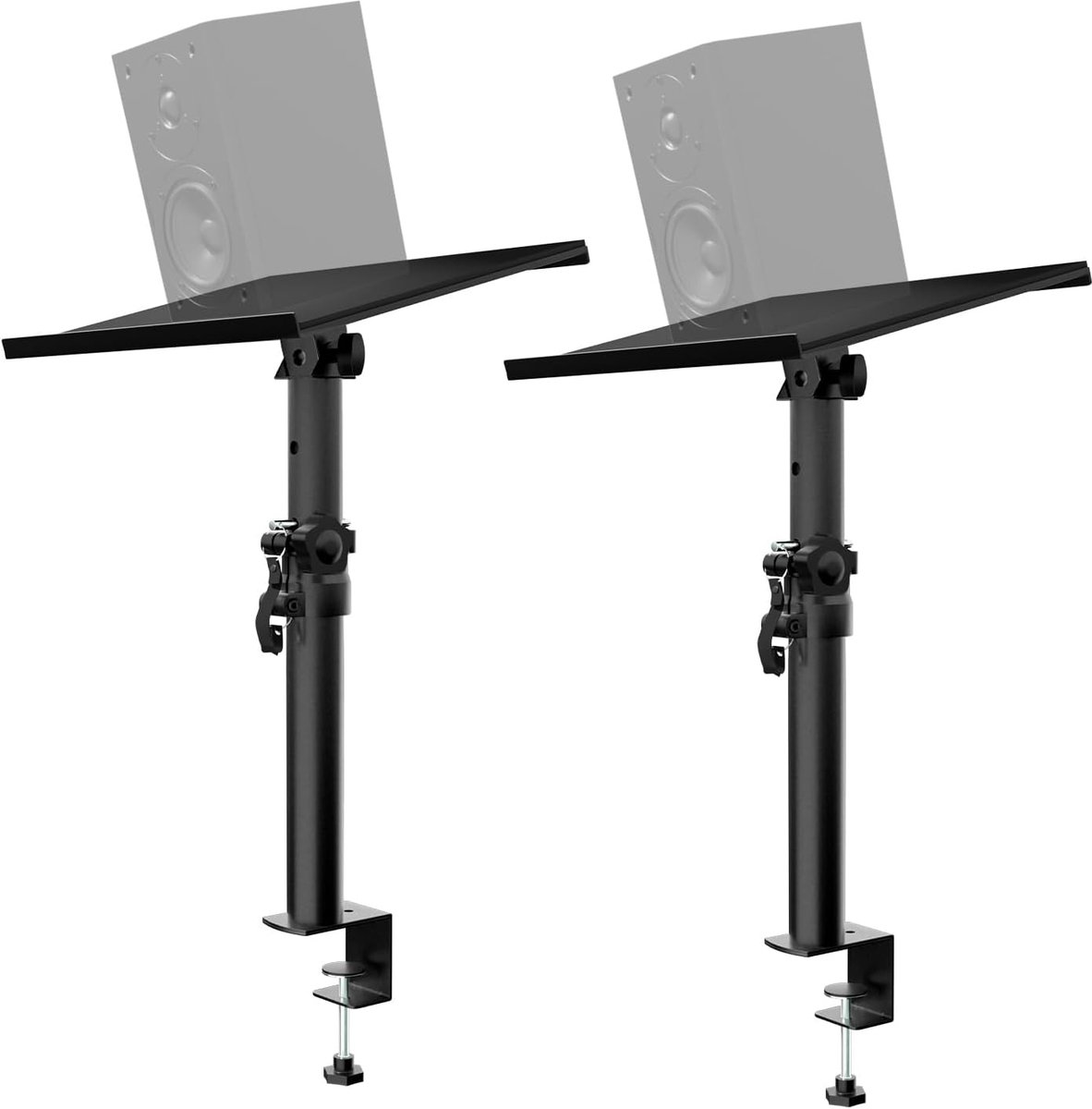 Set van 2 luidsprekerstandaarden, in hoogte verstelbaar, kantelbaar, boxstandaard met tafelklem, schuimrubberen strips, luidsprekerstandaard, een belasting tot 12 kg/stuk, voor studio,