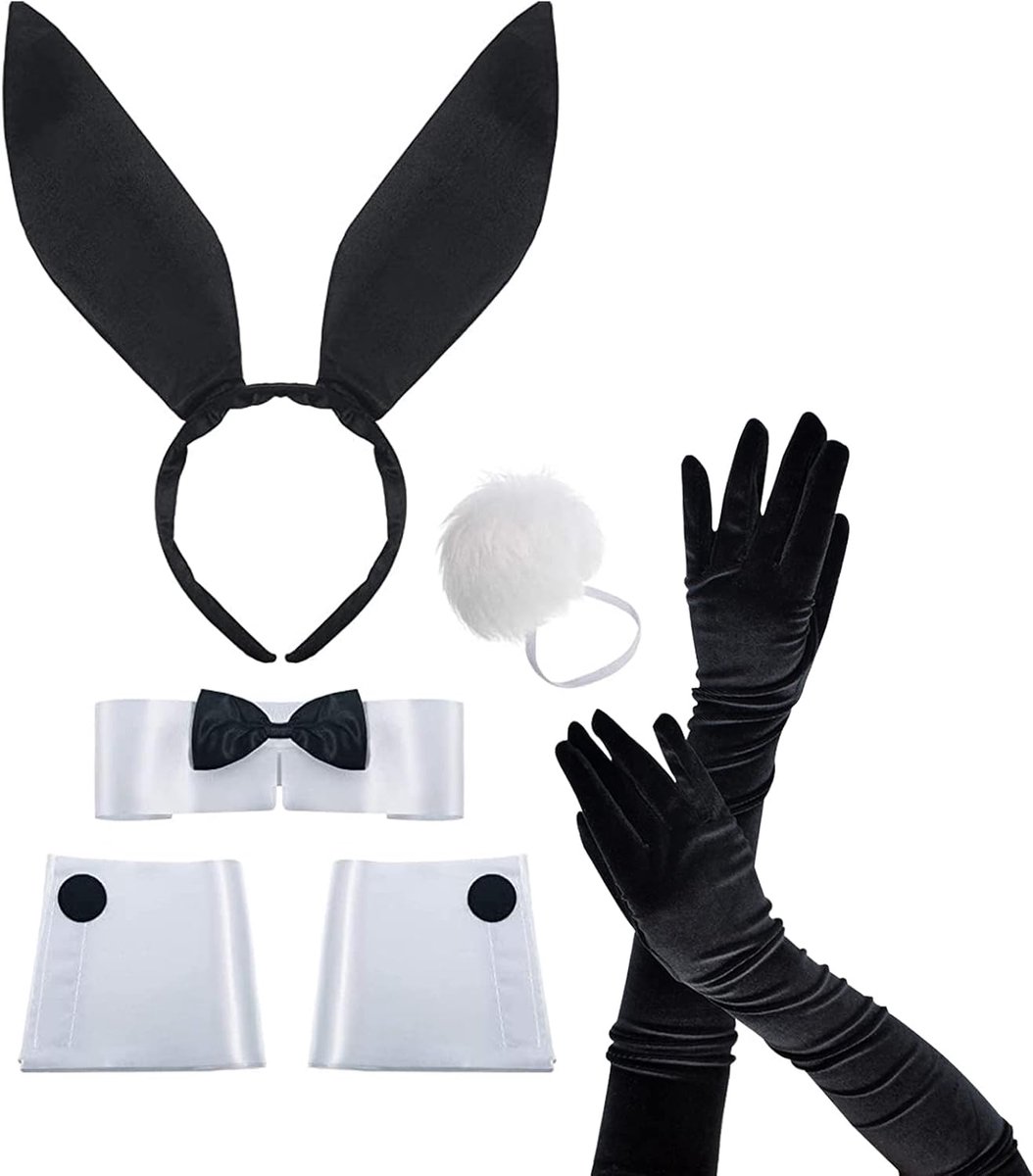 Bunny-accessoireset voor dames, hazenoren, haarband, staartset, hazenoren, hoofdband, kraag, vlinderdas, manchetten, konijnenstaart, kostuum voor Pasen, carnaval, cosplay, kostuum, feest