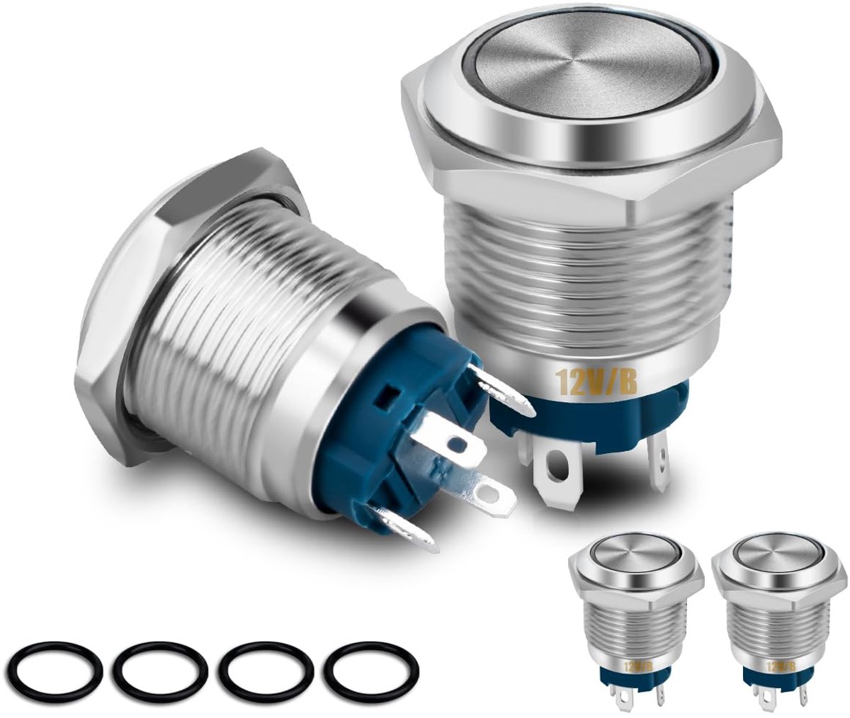 4 stuks drukknopschakelaar Waterdichte 12V SPST AAN/UIT schakelaar voor 16mm montagegat 4 pin metalen vergrendeling schakelaar met blauwe LED ring licht