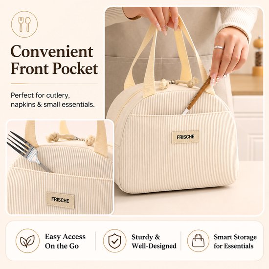 Rainbecom - Koeltas - Koeltassen 6.5 L - Lunchtas Dames en Kinderen - Geïsoleerde Lunch Bag met Voorvak - Corduroy - Crème van Rainbecom — afbeelding 5