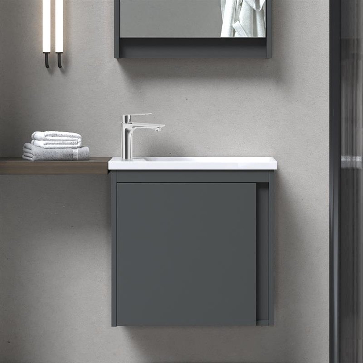 Planetmöbel - Wastafelonderkast 50 cm - Grijs mat - Met wastafel en kraan - Softclose