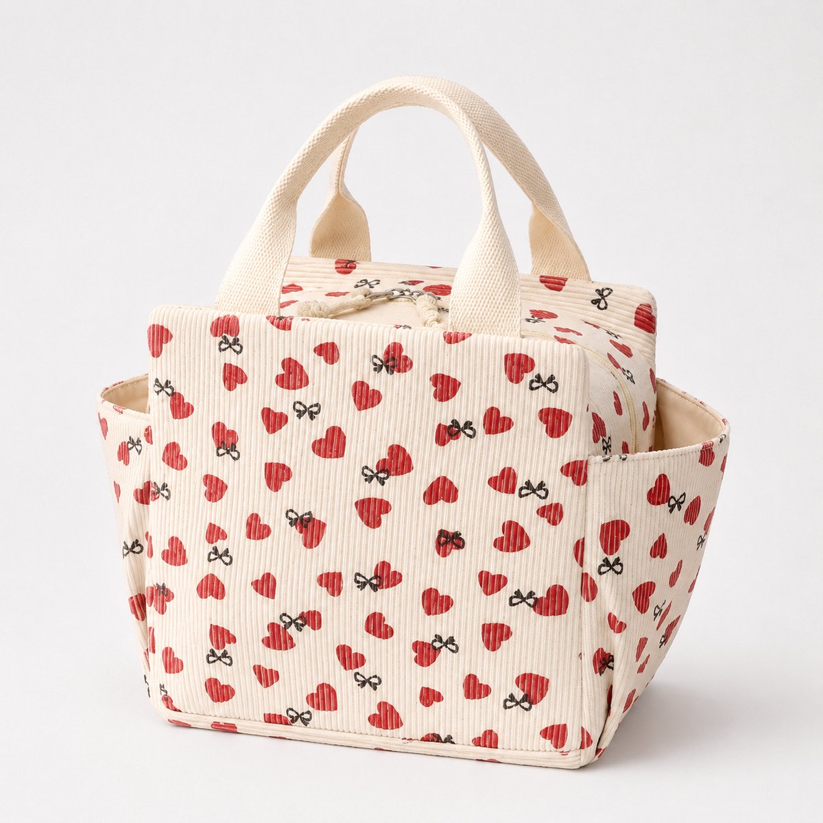 Rainbecom – Koeltassen - Lunchtas Koeltas 12L - Geïsoleerde Lunchbag van Corduroy met 2 Zijvakken - Voor Werk, Picknick, Reizen en Dagelijks Gebruik - 26 x 18,5 x 25 cm - Beige met Rode Hartjes