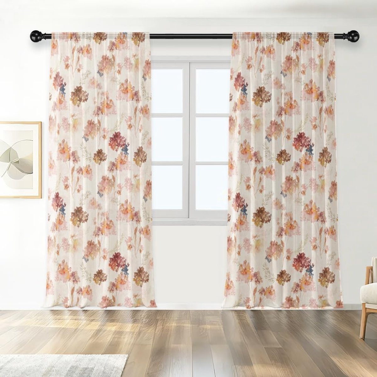 Linnen Gordijnen met Waterkleuren Bloemen - 2 Stuks, Semi-Transparant 132 x 214 cm