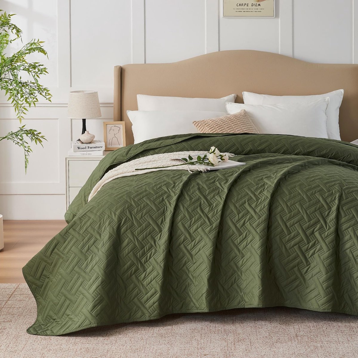 Omgoods - Elegante Bedsprei met Ultrasone Embossing 170 x 210 cm - Olive Groen