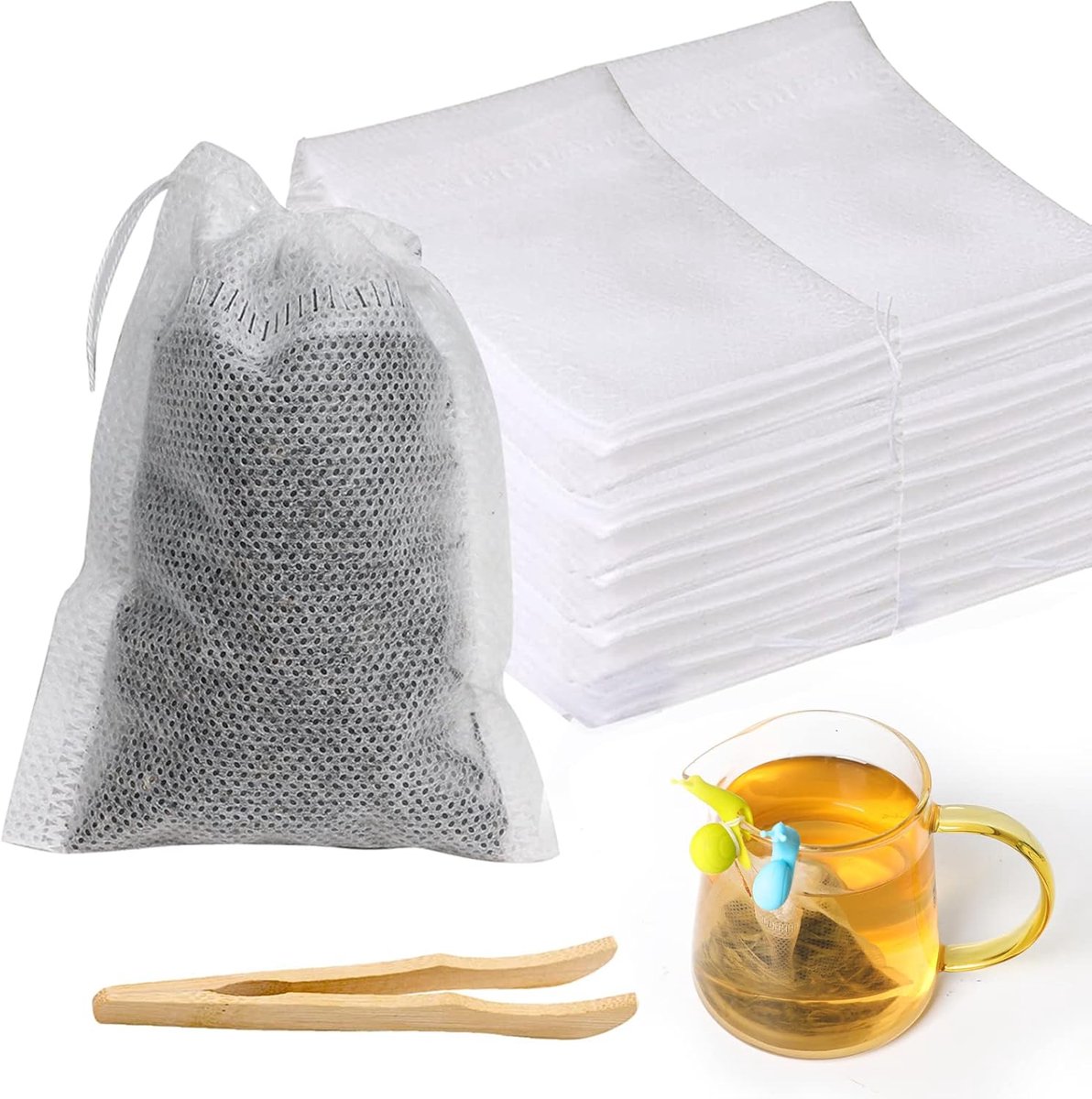 Theezakjes voor losse thee-vliesstof, fijne theefilterzakken met trekkoord + theeklip + 2 theezakjes, lege houder, theefilterpapier, kruidenzakjes voor thee, koffie, specerijen (7 x 9 cm)