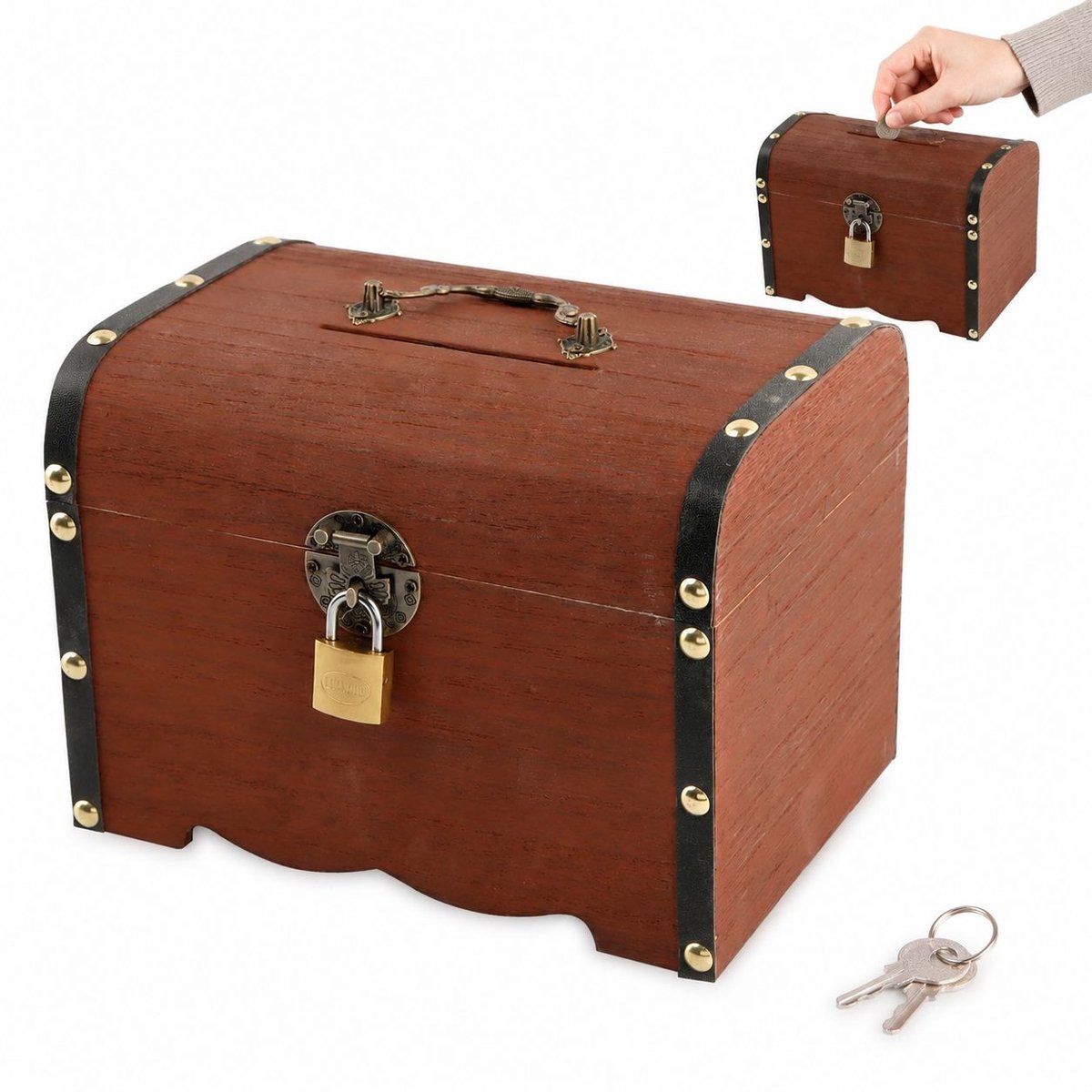 VHV - Houten spaarpot met slot 17,5 x 13 x 12,5 cm - Afsluitbare geldkist voor kinderen en volwassenen - Natuurkleur