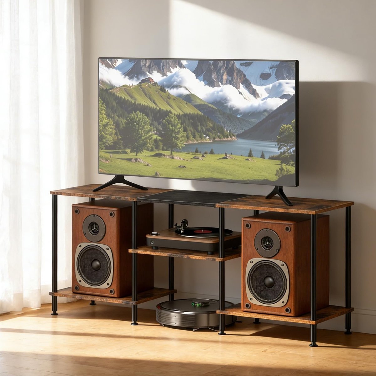 Omgoods - Industriële TV Kast met 3 Open Planken - Ruime TV Meubel voor Tot 50 Inch Televisies