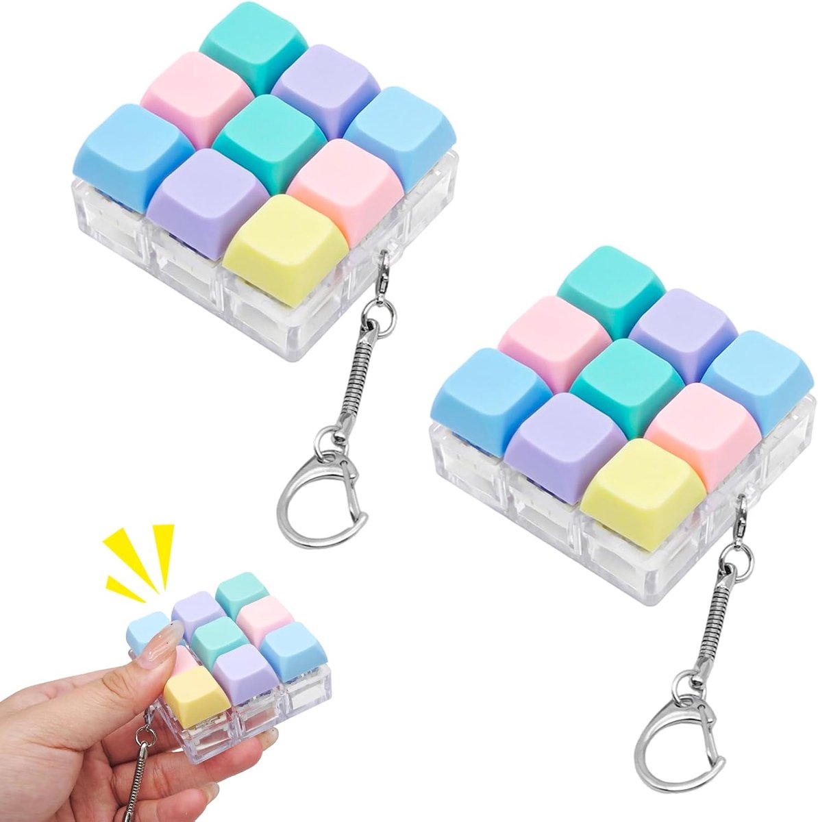 2 stuks toetsenbord sleutelhangers, fidget toetsenbord sleutelhangers, klikbare fidget clicker voor volwassenen ter stressverlichting, voor mannen en vrouwen, ter ontspanning en decoratie.
