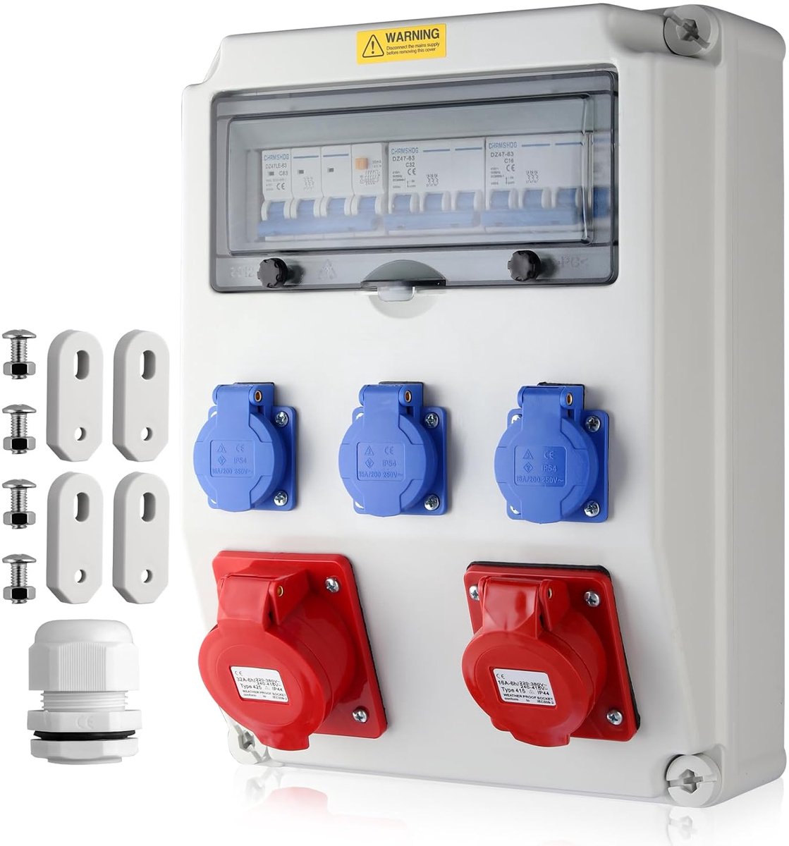 Elektrisch Bouwdoos met LS+FI-IP54 - met 2*230 V Schuko stopcontact & IP 44 1*16A+1*32A CEE 5-polig stopcontact Zekering Vermogensverdeler voor Werkplaats/Fabriek/Garage