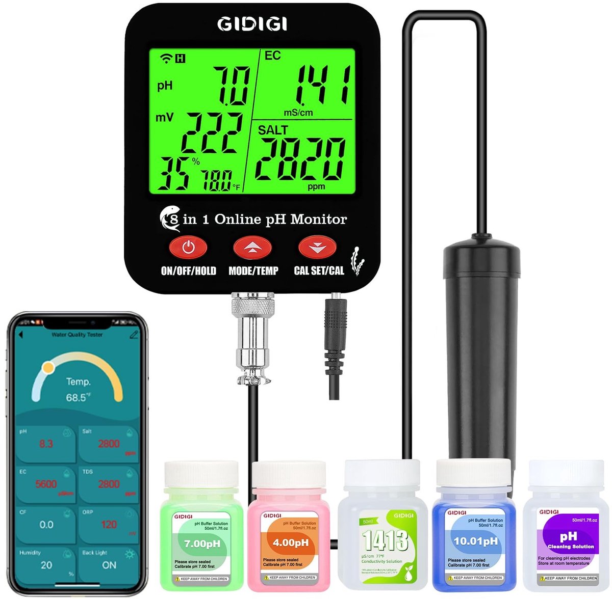 Omgoods - 8-in-1 Wifi Water Smart Meter - pH, EC, Zout, Temperatuur