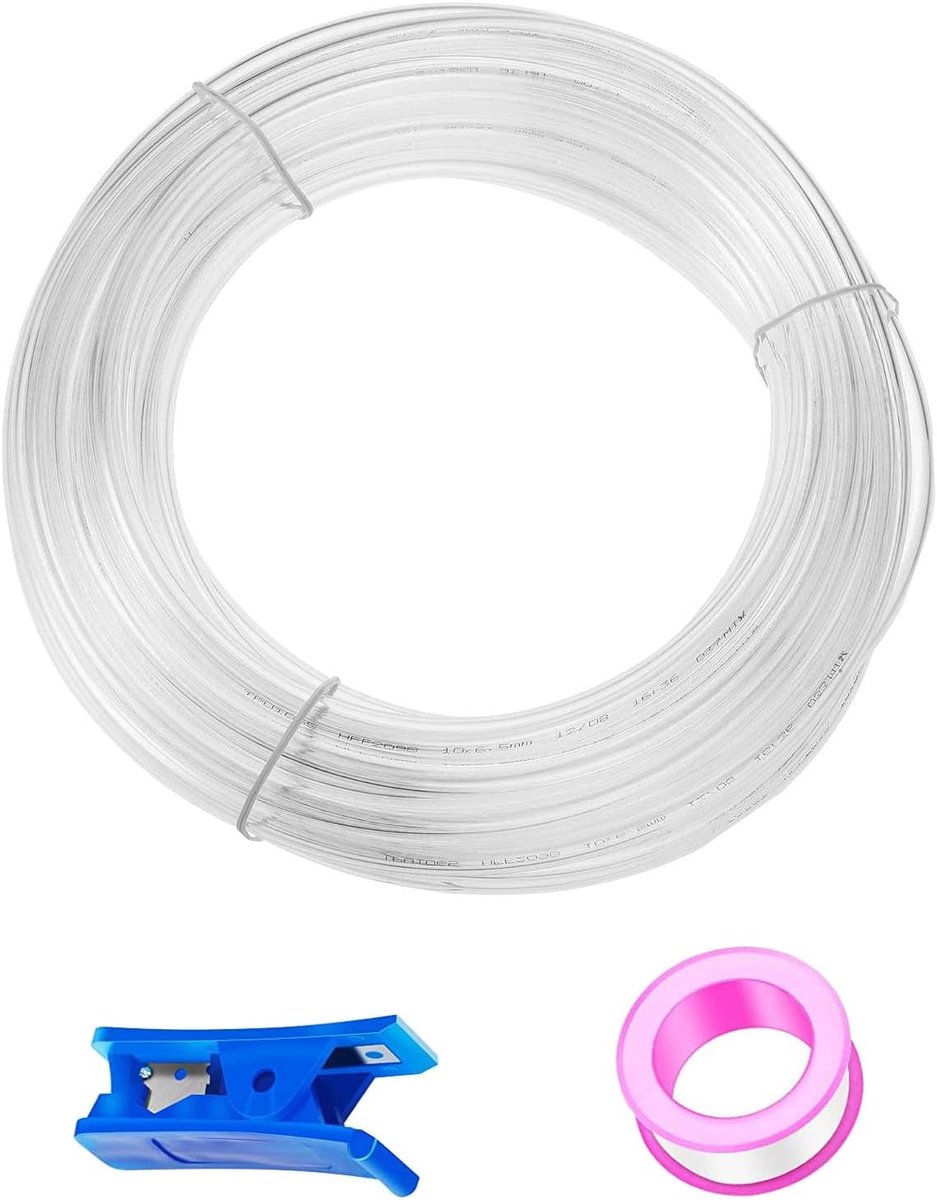 50 m transparante PU-luchtslang, flexibel, buitendiameter 6 mm, binnendiameter 4 mm, 1 blauwe slangsnijder + 1 roze teflonband