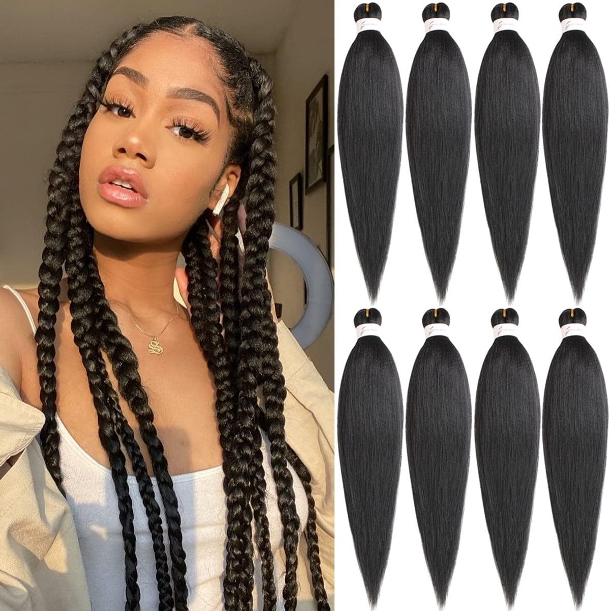8 Packs Pre Stretched Braiding Hair Extension Yaki Textuur Warm Water Setting EZ Vlechten Kanekalon Haar voor Coi Leray Vlechten Zwart Vlechten Gehaakte Hair Extensions /20 Inch 1B #