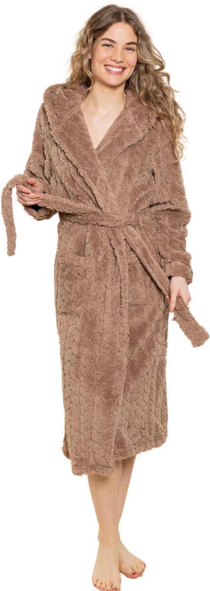 Charlie Choe - Limited Collections Badjas dames - 100 % zacht fleece - lang model - teddy badjas - luxe dames badjas met grote capuchon - trendy ochtendjas - taupe - Charlie Choe