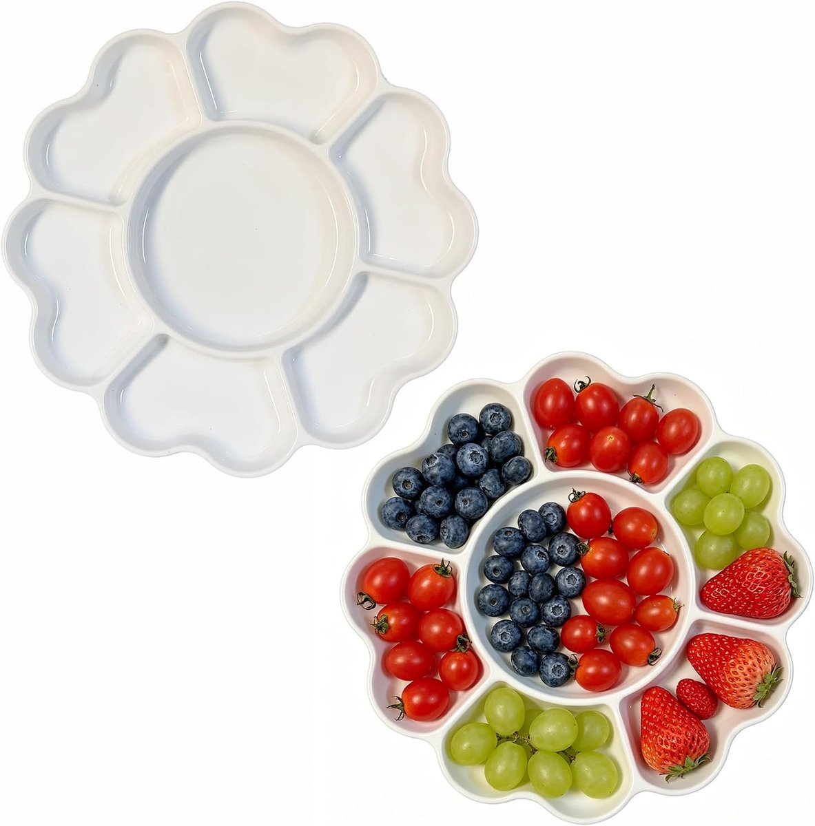 duoyif Snackdienblad, 7 vakken, snackborden, 2-delig, Ø 20 cm | Serveerdienblad voor snacks, aardappelen, sauzen, fruit, snoep, dessert, buffet, feest, Kerstmis