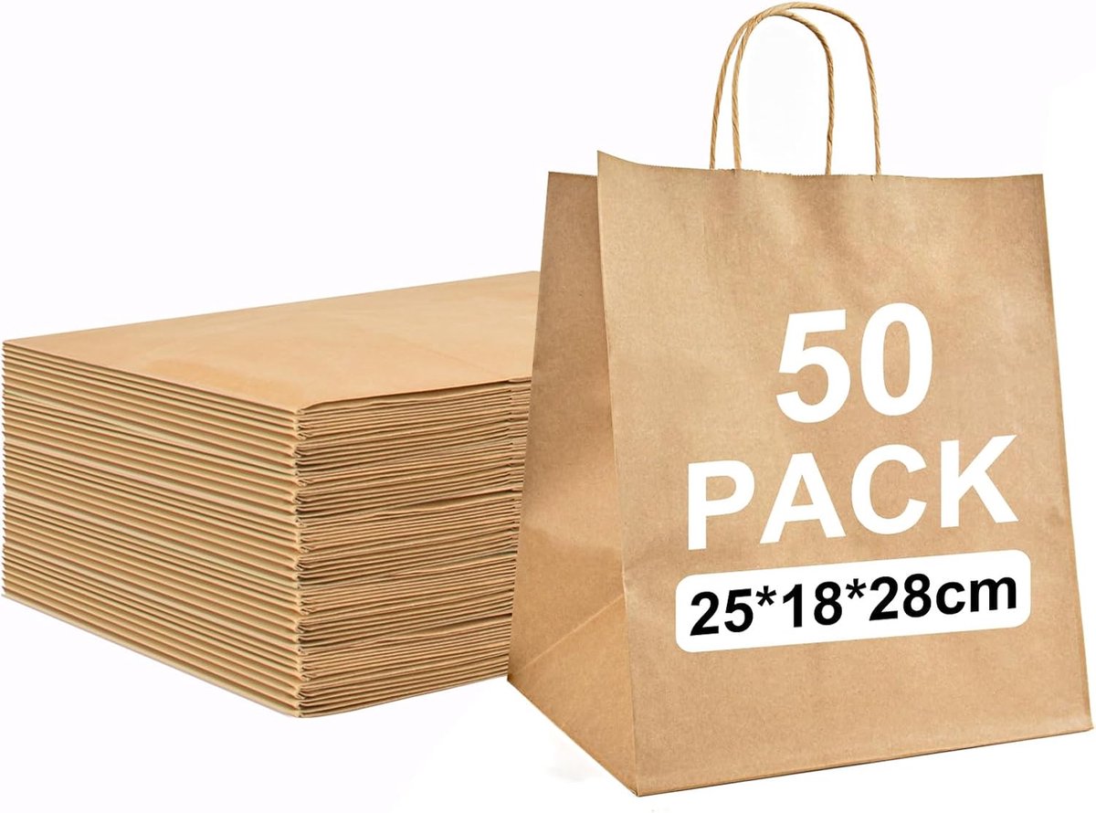 50 stuks papieren zakjes, cadeauzakjes, bruin, 25 x 18 x 28 cm, perfecte zakjes van kraftpapier voor zaken, cadeauzakjes voor winkelen, bruiloften, verpakkingen, feesten, verjaardagen, Kerstmis