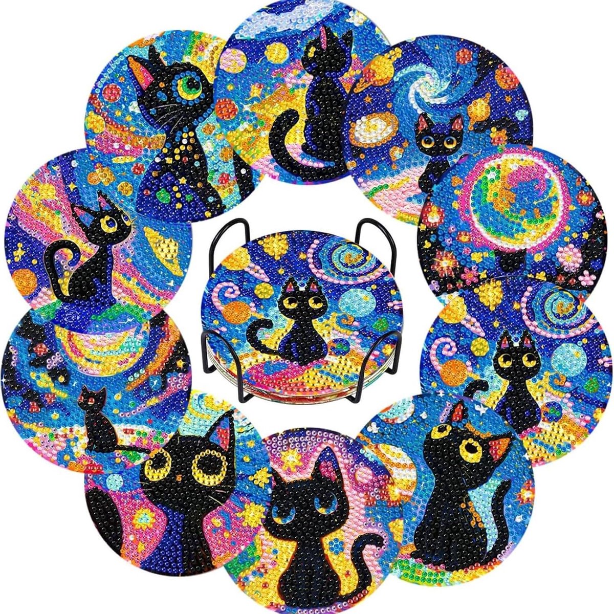 10 stuks kattenonderzetters voor diamantkunst, onderzetters voor diamantschilderen met houder, diamantkunstkits voor volwassenen, 5D volledige boor diamant stip edelsteen kunst doe-het-zelf