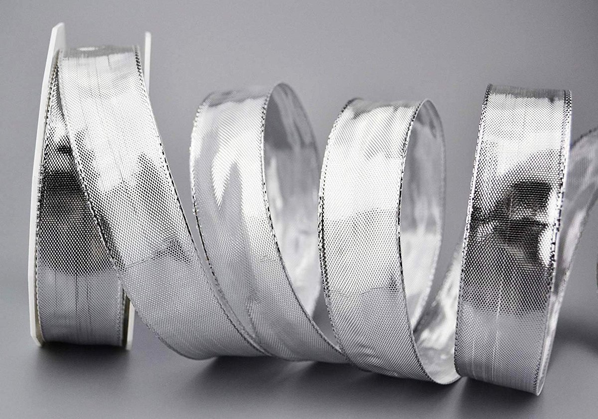 20 m x 25 mm Dekoband glanzend zilver glanzend lint metallic lint met draad glanzend cadeaulint Kerstmis draadrandband
