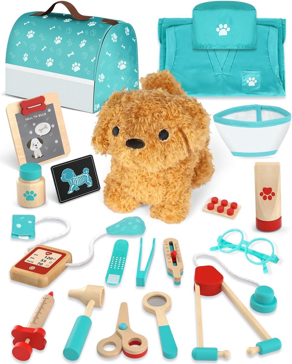 Dokterskoffer voor kinderen, hout, dierenarts speelgoed voor kinderen, dokterskoffer met kleding en hoed, dokterskist, rollenspelset, cadeau voor meisjes, 3 jaar (groen)
