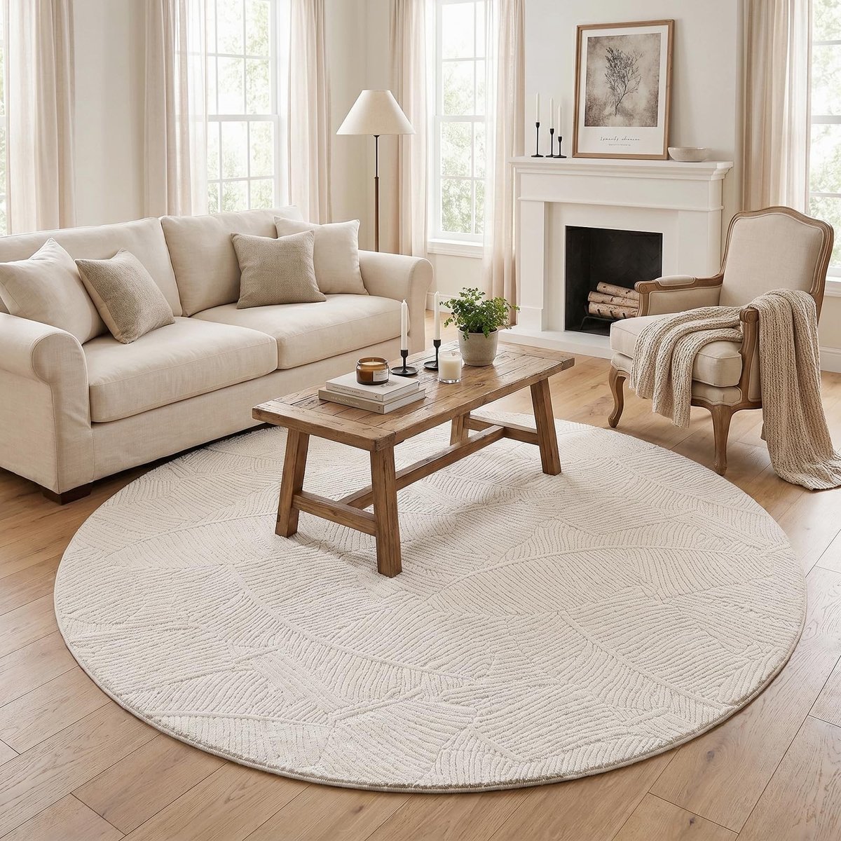 Omgoods - Enyhom Rond Vloerkleed 160 cm - Beige Wasbaar en Antislip voor Woonkamer en Keuken