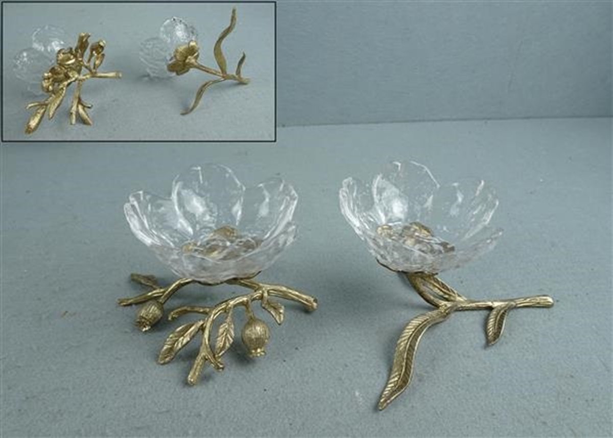 Schaaltje Bloem goudkleurig Set/2 24x12x8cm