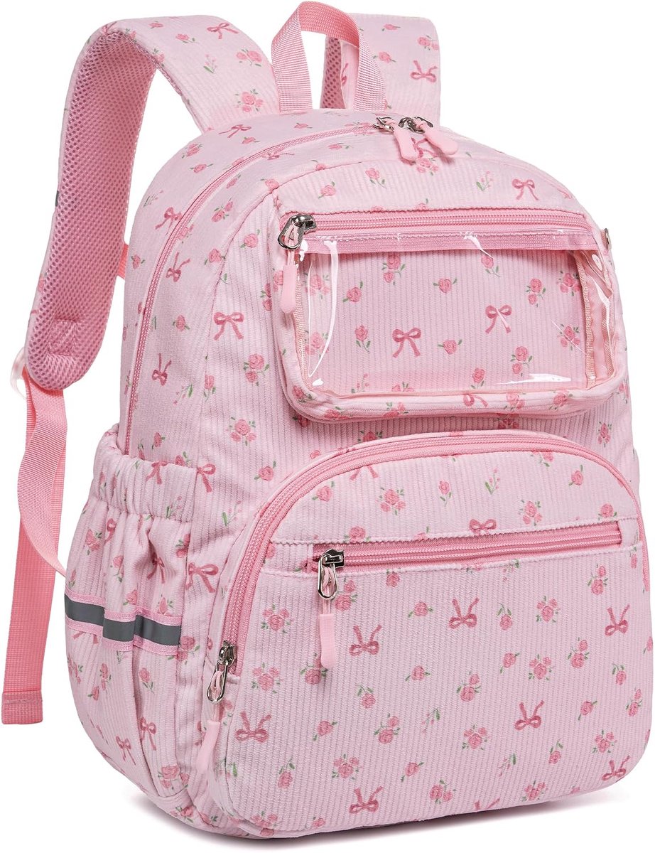 Kinderrugzak meisjes 2-5 jaar - roze corduroy kleuterschoolrugzak 33 x 25 x 12 cm met lunchvak, kijkvenster, reflectoren, borstband, kinderdagrugzak voor kleuterschool, Corduroy roze bloemen