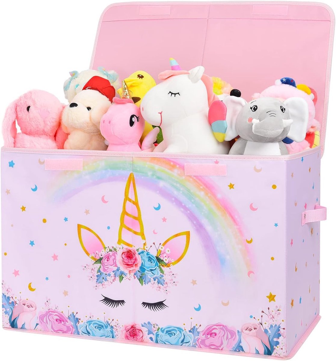 Eenhoorn-opbergdoos met deksel, speelgoedkist voor kinderen, 64 x 32 x 40 cm, speelgoed, kleding, boeken, opslag, speelgoedbox met handgrepen, voor meisjes, kinderkamer, kleuterschool