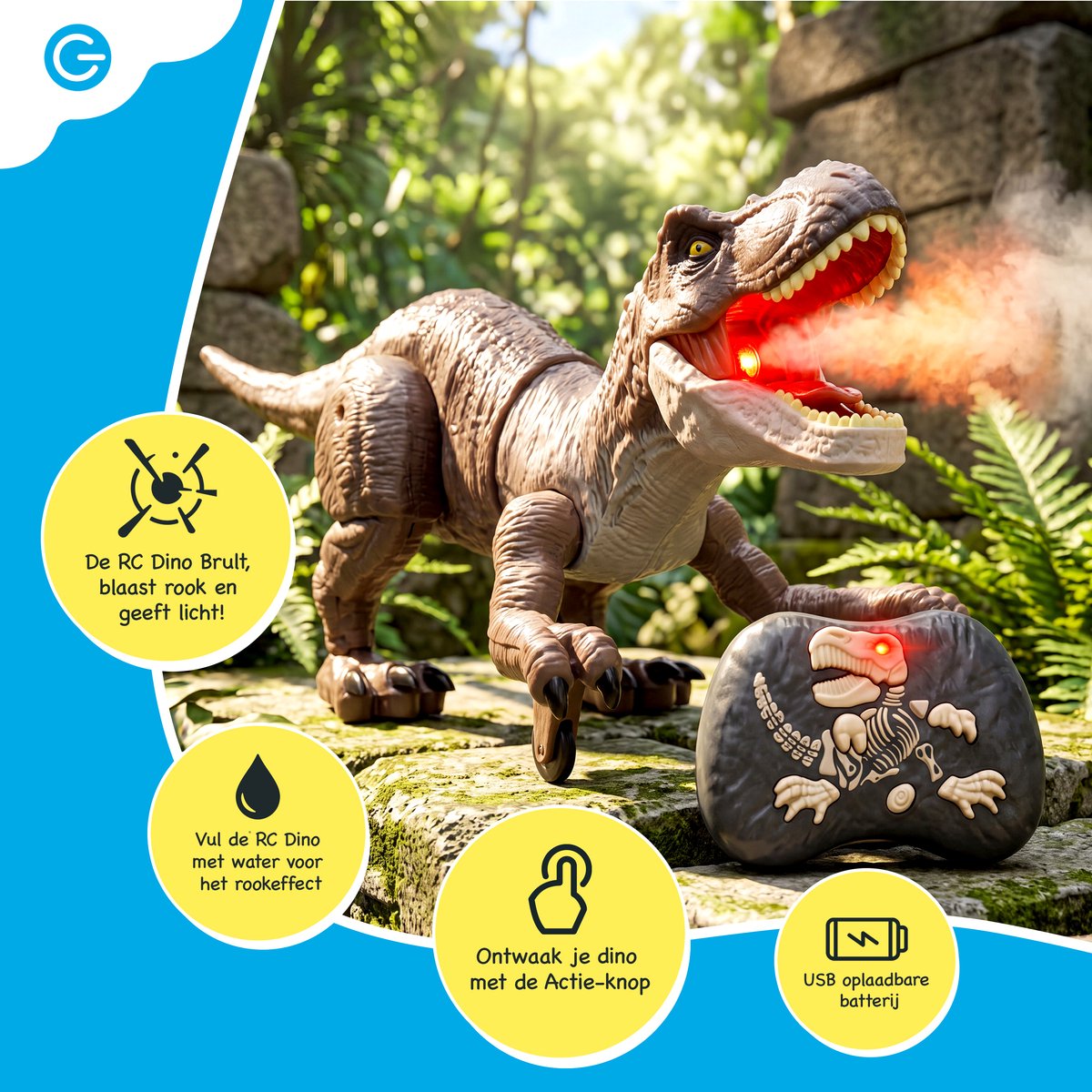 Silvergear® Bestuurbare Dino T-Rex - RC Auto Dino met Afstandsbediening - Interactief Dinosaurus Speelgoed met Rookeffect, Licht & Geluid - 15 km/h - Oplaadbaar - Tyrannosaurus Rex Speelgoed - Bruin - Cadeau voor Jongens 3,4,5,6,7,8,9,10+ Jaar — afbeelding 3