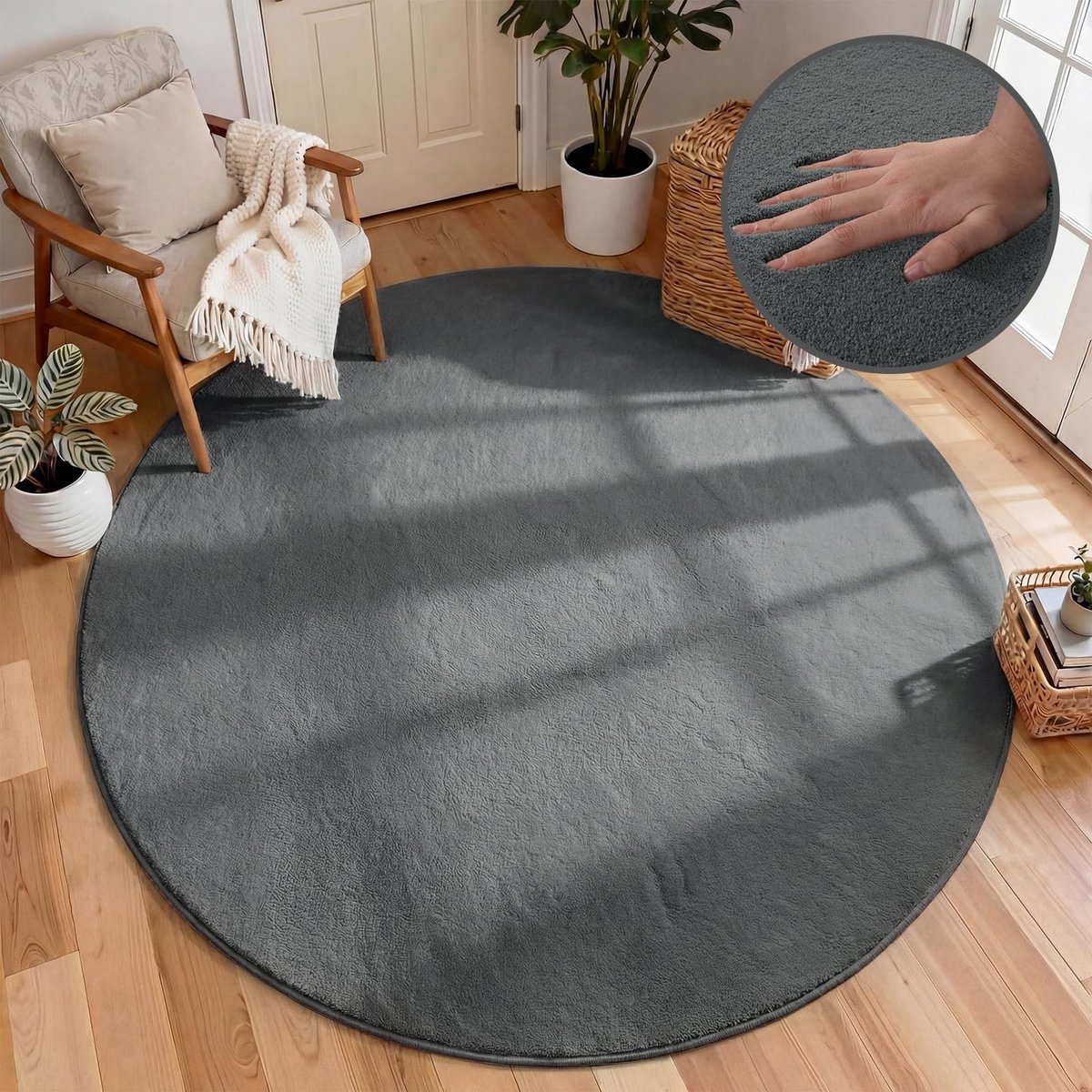 Omgoods - Rond Vloerkleed 160 cm - Diepgrijs, Laagpolig en Antislip
