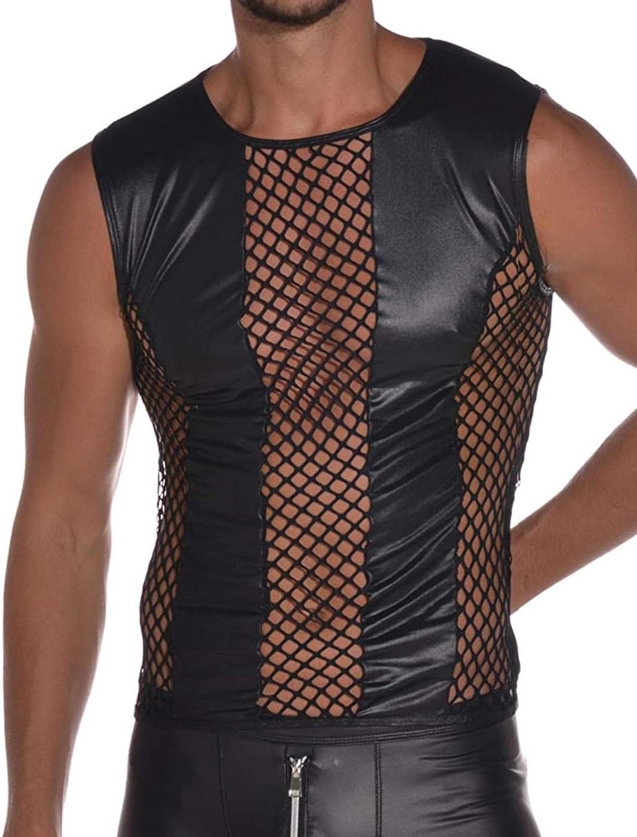 heren-top - shirt 0/0 mouw met visnet inzetstukken