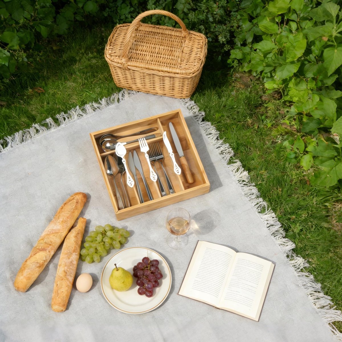 Omgoods - Houten Bestekbak met Deksel en 5 Vakken voor Tafel en Lade